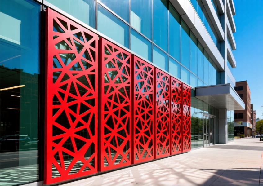 Detailed shot of a vibrant red laser-cut aluminum sunshade screen on a commercial building in daylight