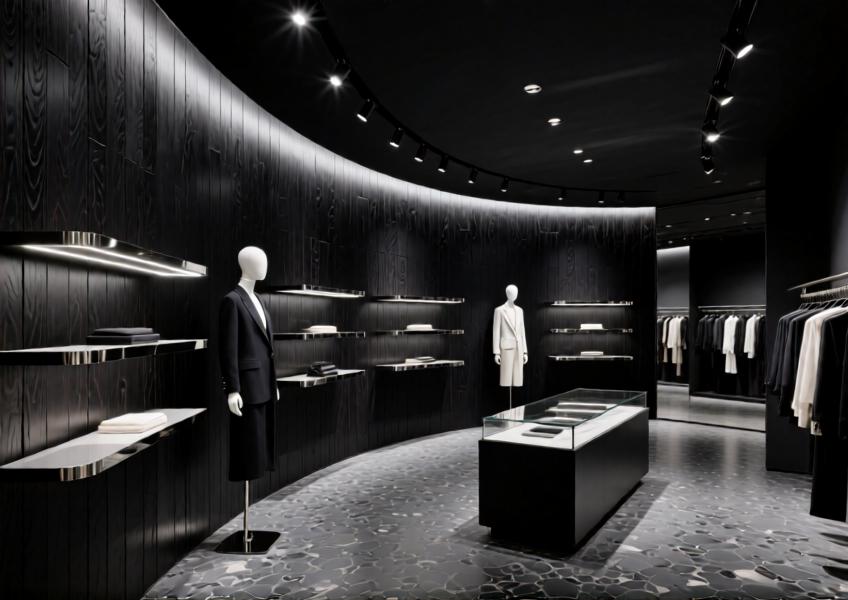 Luxury fashion showroom with smoked ebony wood effect walls and matte black aluminum lighting, designed for dramatic visual impact.