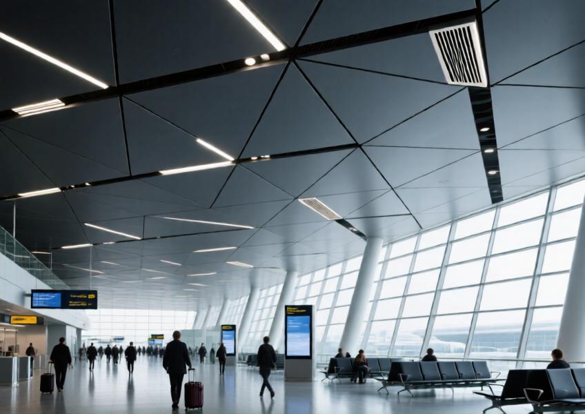 Dark gray matte aluminum ceiling panels in a bustling modern airport terminal