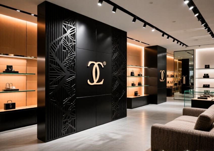 A high-end retail space using matte black perforated aluminum panels for branding and spatial guidance.