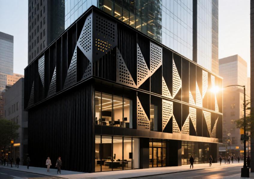 Urban commercial building with matte black perforated aluminum cladding casting dynamic shadows at sunset, emphasizing energy efficiency and design innovation.