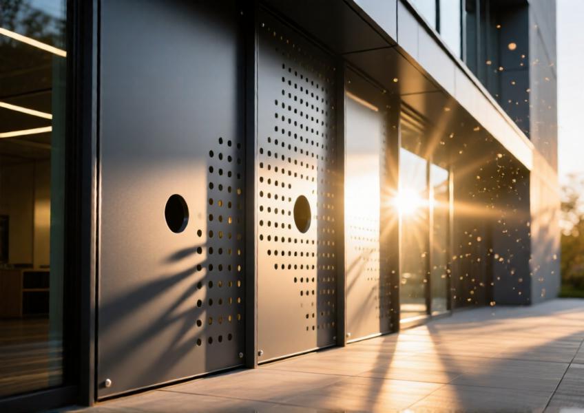 Detailed view of perforated aluminium cladding panels modulating natural light and enhancing energy efficiency in a modern building envelope.