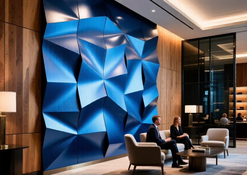 Luxury hotel feature wall with anodized blue 3D aluminum cladding in ambient lighting.