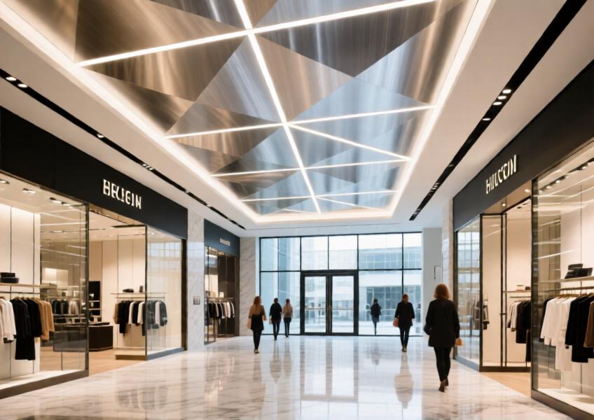 A detailed interior scene of a luxury retail environment showcasing the creative use of brushed aluminium sheets in ceiling design, highlighting both aesthetic refinement and practical performance.