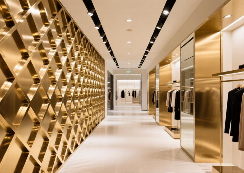 Brushed champagne-gold aluminium decorative panels in a high-end retail space with geometric latticework.