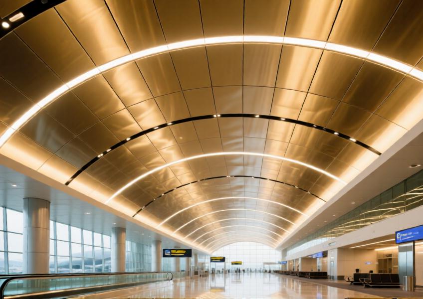 Champagne-gold anodized aluminum ceiling enhancing acoustics and aesthetics in an airport terminal