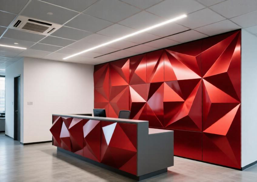 Modern office lobby with a striking matte red aluminum feature wall and coordinated ceiling panels for a bold, branded aesthetic.