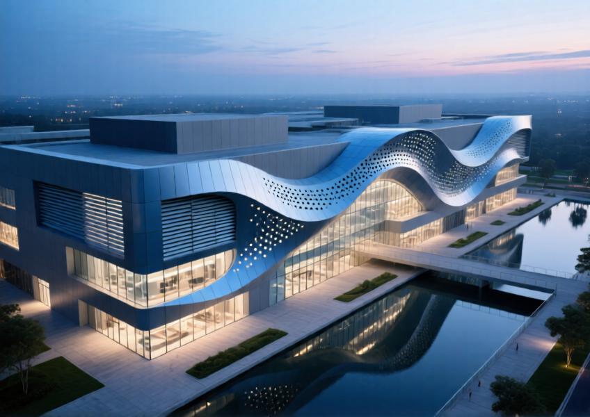 Twilight aerial view of a commercial building with artistic anodized blue aluminum façade elements creating a flowing form.