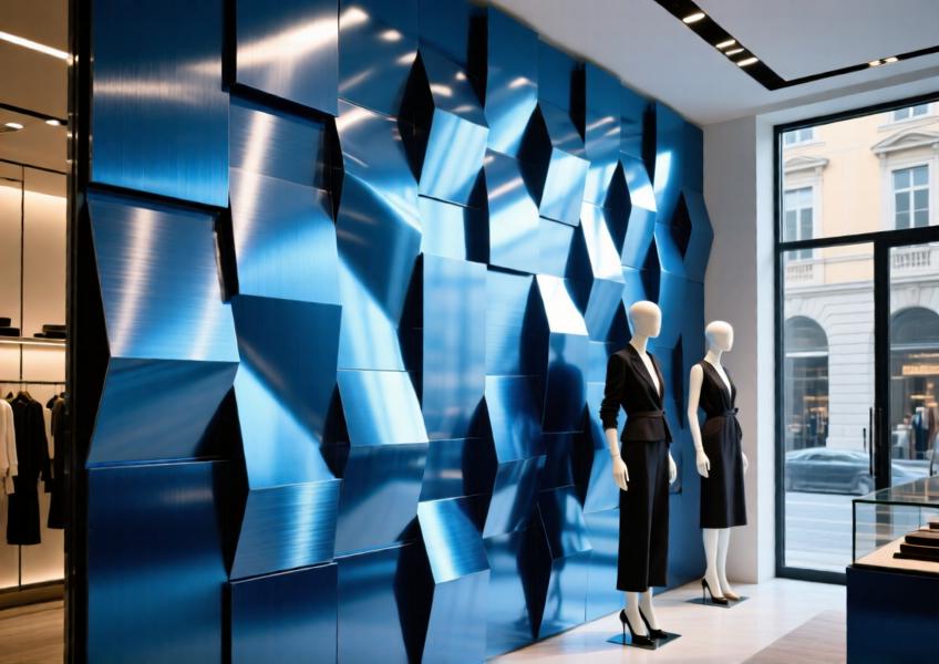 Anodized blue brushed aluminum wall panels in a Milan luxury retail store, reflecting changing light throughout the day.
