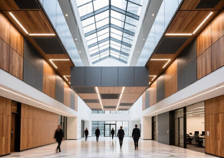 Office atrium with wood effect ceiling panels integrated into a functional, stylish aluminum ceiling system.