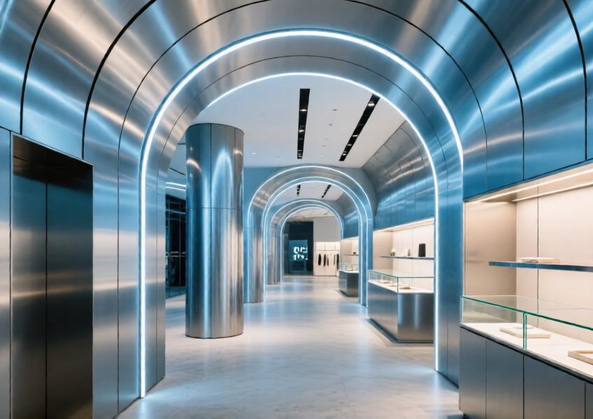 Commercial interior using curved aluminium cladding panels to create a sleek, modern aesthetic in a high-end retail setting.