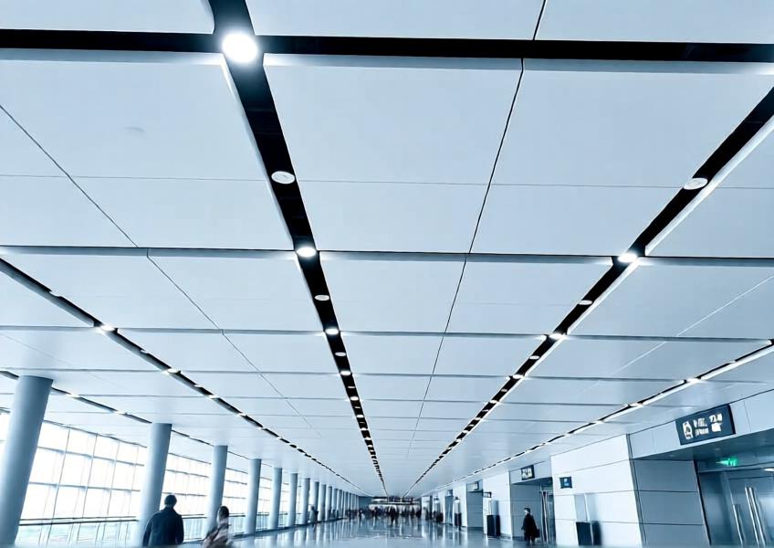 Airport terminal renovation using fire-resistant fiber cement cladding for a safe, modern, and aesthetically cohesive ceiling design.
