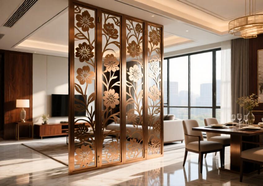 Interior view of a bronze anodized aluminium room divider with floral cut-outs in a luxury apartment, creating filtered light and refined ambiance.