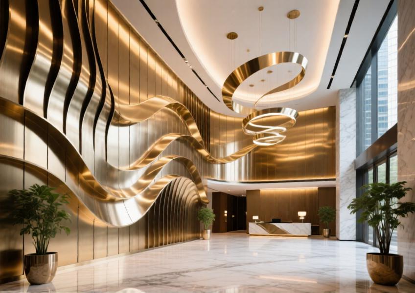 Hotel lobby with champagne-gold anodized aluminum wall panels forming a fluid, reflective feature wall that blends luxury and modern design.