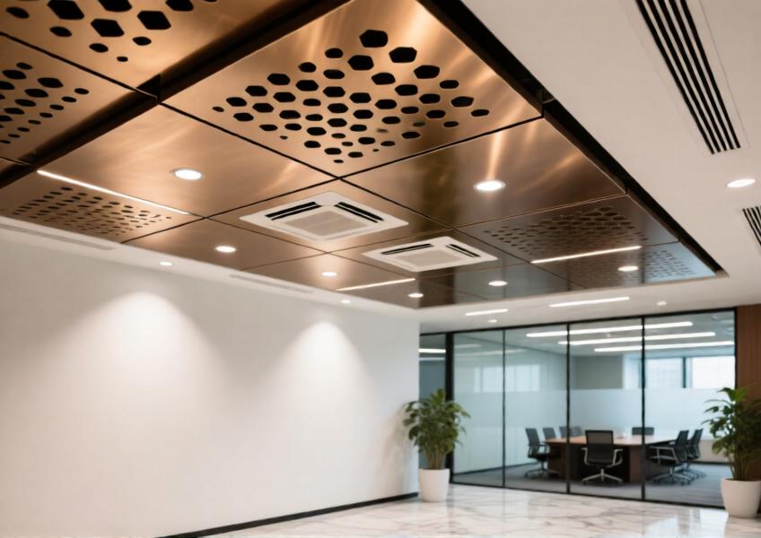 Anodized bronze aluminum ceiling panels with acoustic perforations in a luxury corporate atrium, combining aesthetics and technical integration.