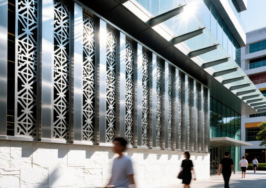 Perforated anodized aluminum decorative screen casting patterned shadows on a commercial building façade