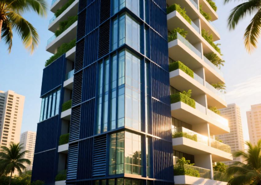 High-rise commercial building with a double-skin aluminum curtain wall in deep blue, designed for energy efficiency and climate responsiveness in a dense city environment.