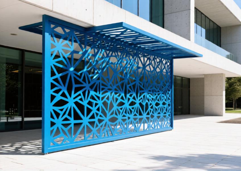 Anodized blue laser-cut aluminum facade screen casting artistic shadows on a sunlit plaza at a cultural building.