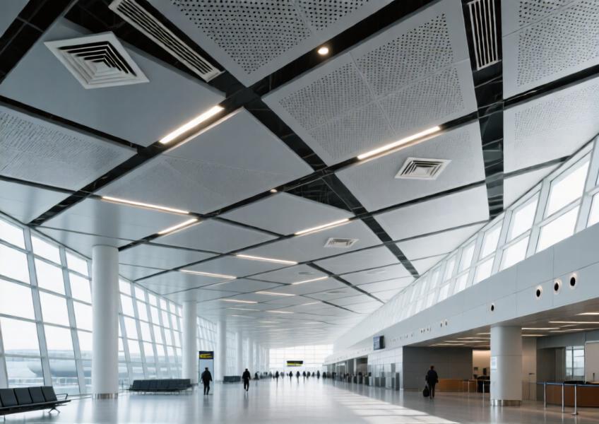 Perforated matte gray aluminum ceiling in a modern airport terminal with integrated lighting and airflow systems.