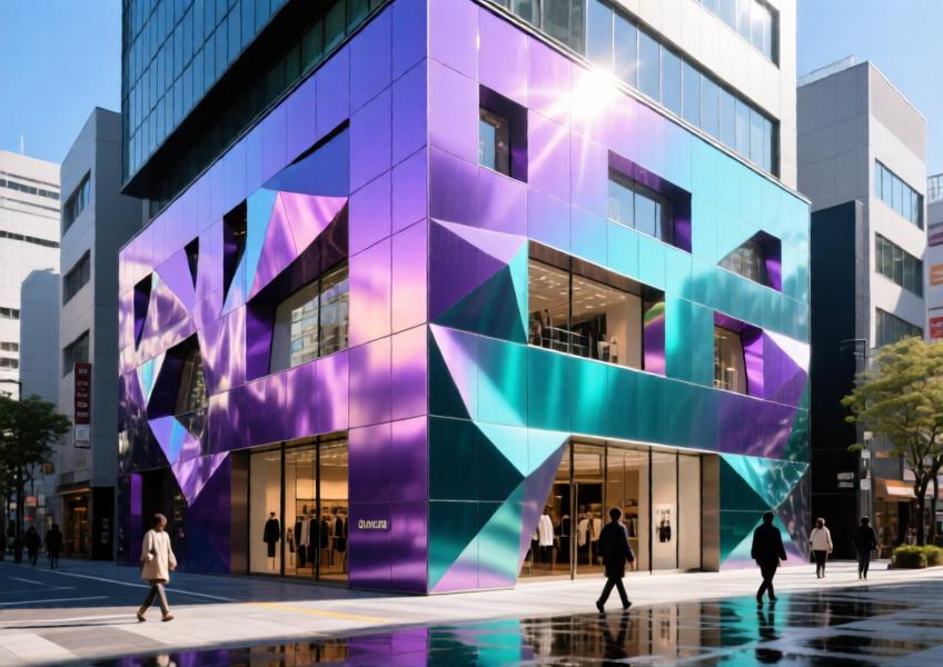 Luxury retail facade with color-shifting powder-coated aluminum panels in iridescent purple-teal, capturing dynamic light interaction