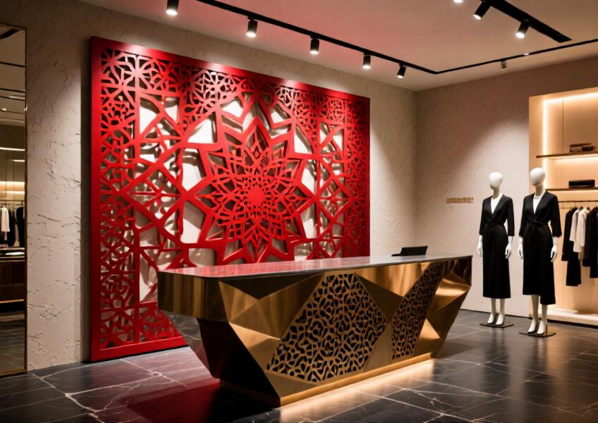 Luxury retail space with a custom vibrant red laser-cut aluminum wall panel serving as a dramatic focal point.