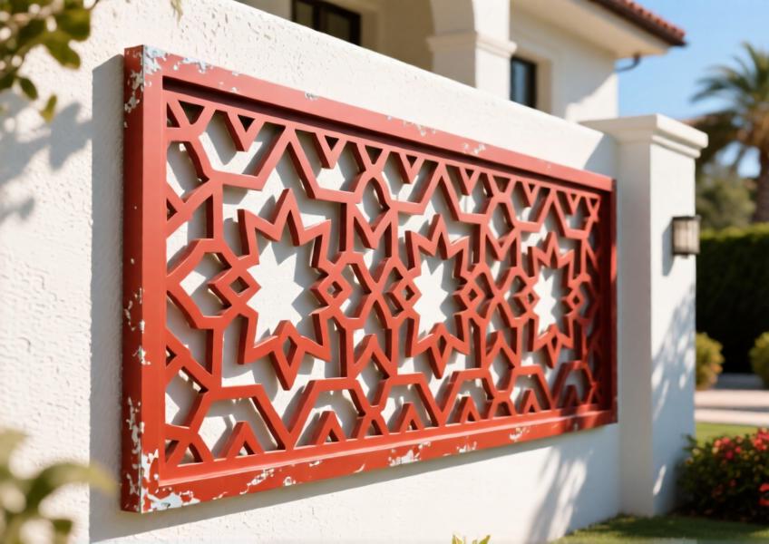 Vibrant red aluminum decorative latticework on a luxury villa exterior, casting detailed shadows in sunlight
