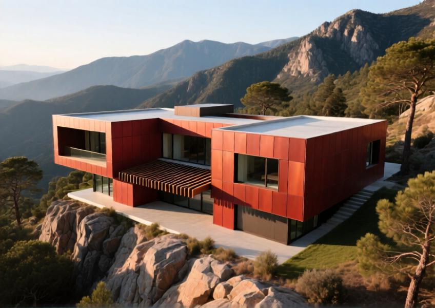 Luxury villa with matte terracotta red aluminum cladding blending into a mountainous landscape under morning light.