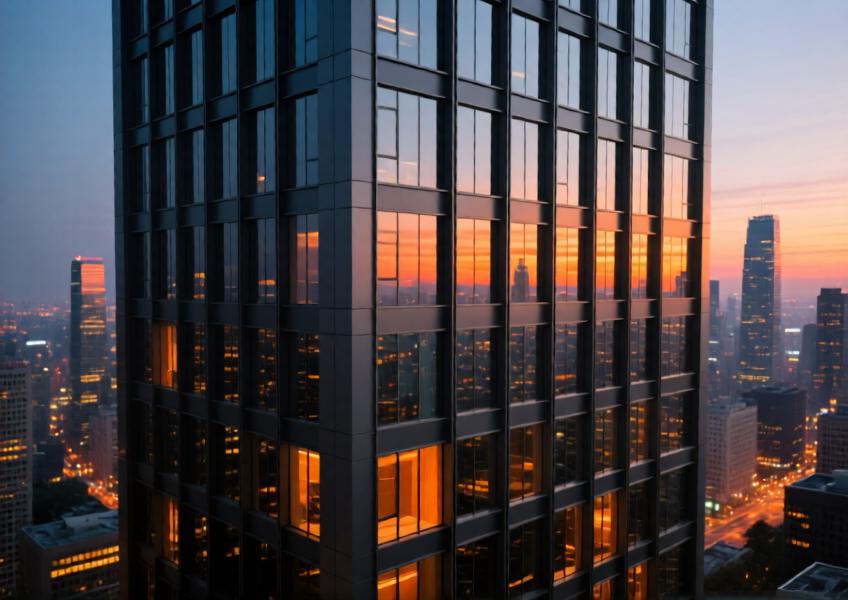 Modern high-rise with charcoal-gray anodized aluminum curtain wall at dusk, reflecting city lights and sunset hues in a photorealistic urban setting.