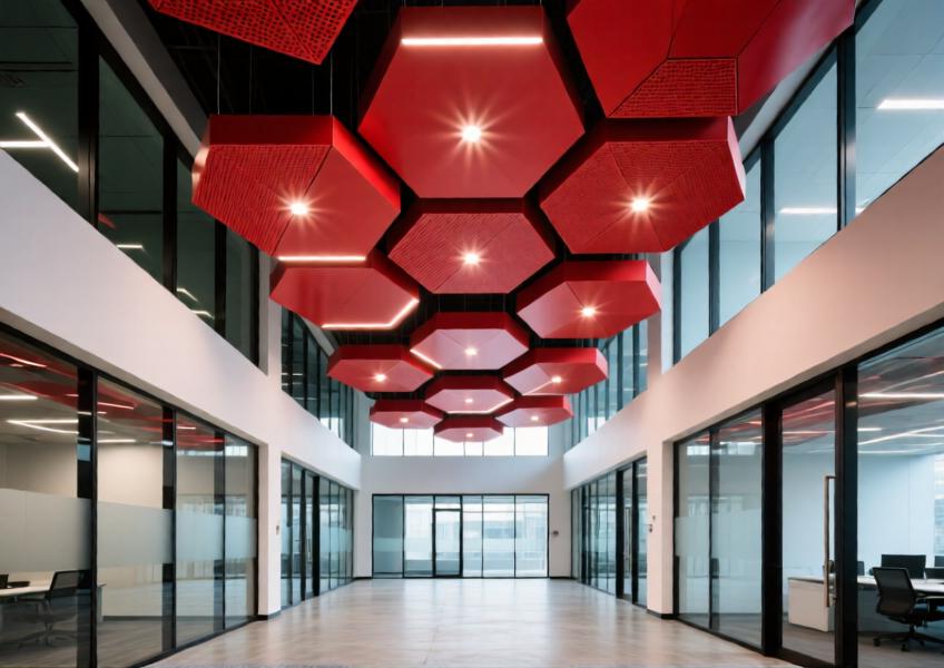 Contemporary office lobby with a 3D-patterned vibrant red powder-coated aluminium ceiling.