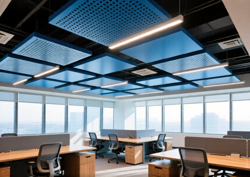 Anodized blue perforated aluminum ceiling cladding in a smart office environment with acoustic and lighting integration.