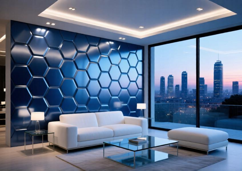 Anodized blue 3D aluminum wall in a modern luxury living room with panoramic city views.