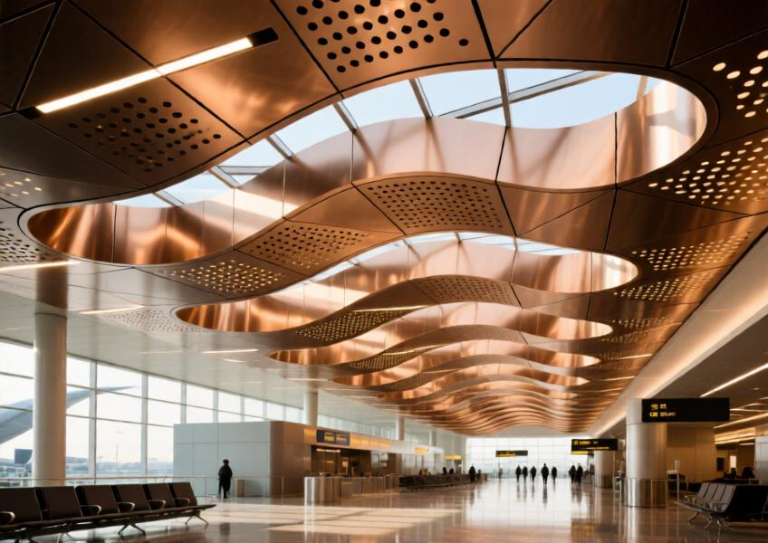 Luxury airport interior with perforated bronze-finished aluminum ceiling