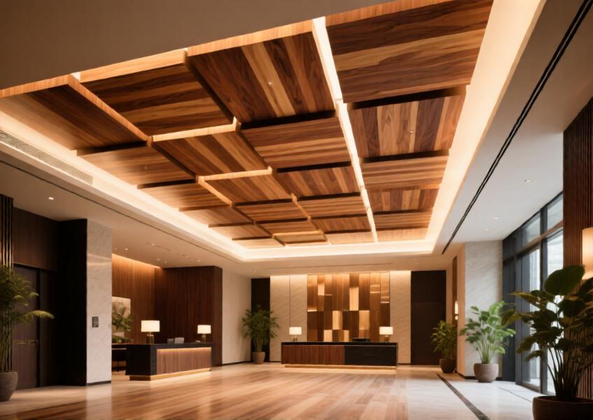 Luxury hotel lobby with geometric wood finish aluminum ceiling in warm walnut tone