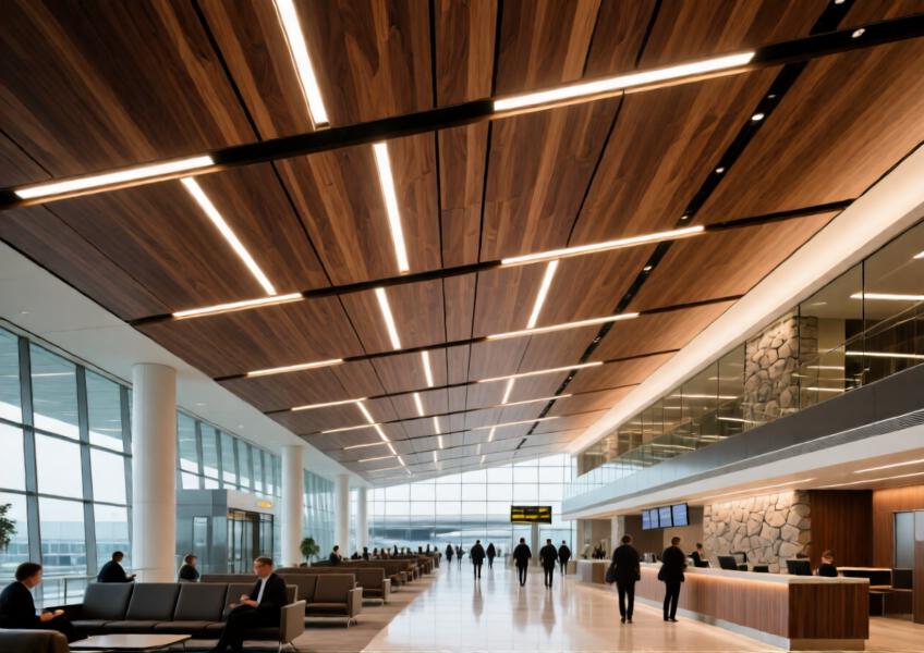 Luxury airport lounge with wood finish aluminum ceiling panels creating warmth and sophistication in a large-scale interior.