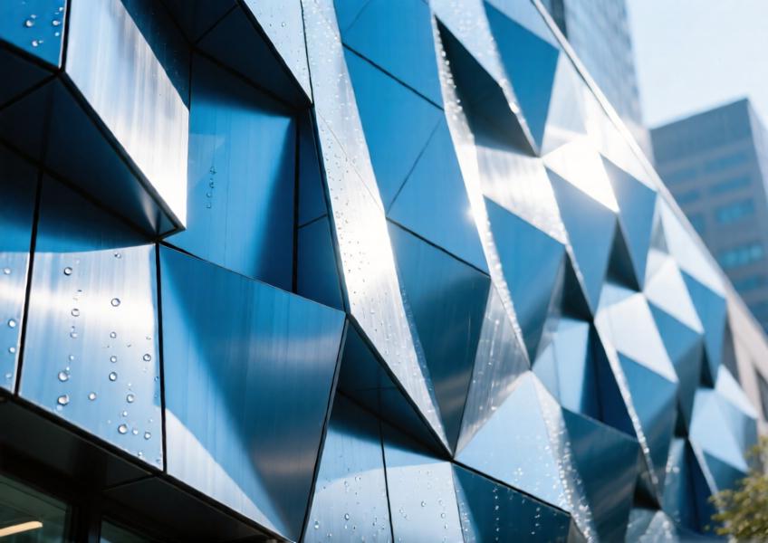 Detail of anodized blue aluminum cladding with geometric depth and shadow play.