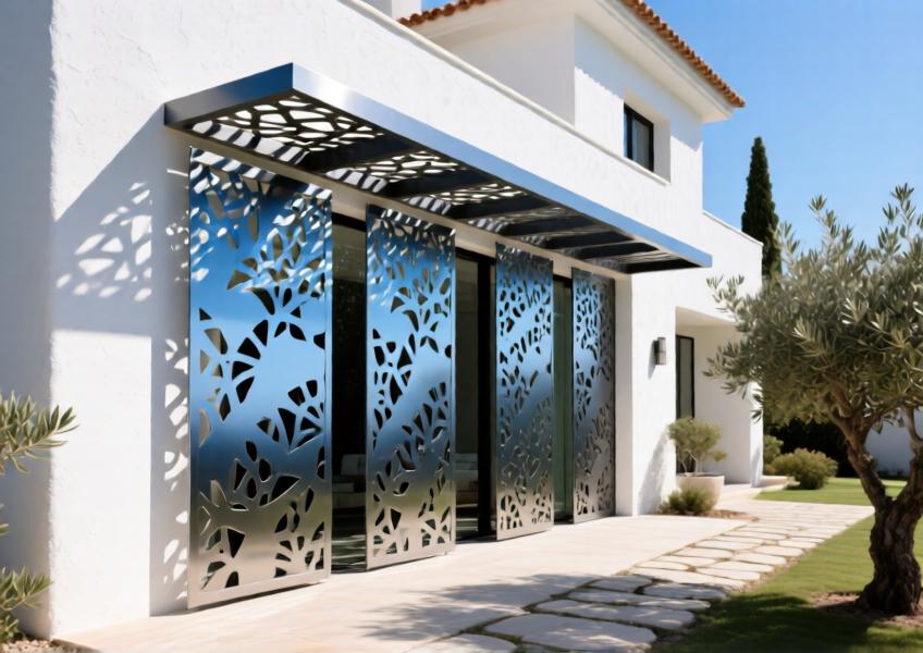 Anodized blue laser-cut aluminum decorative screens on a high-end villa, creating dynamic shadows and enhancing modern luxury design.