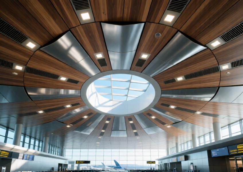 Airport departure hall with radial brushed aluminum ceiling panels and skylight integration.