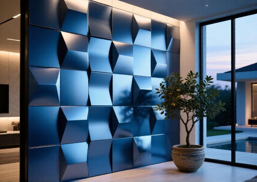 Close-up of anodized blue aluminum wall cladding in a luxury villa with textured 3D paneling and natural lighting.