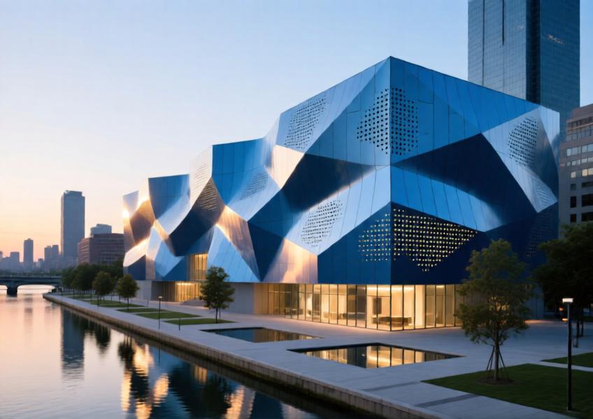 Cultural center with anodized blue aluminum cladding creating a sculptural, light-responsive façade.