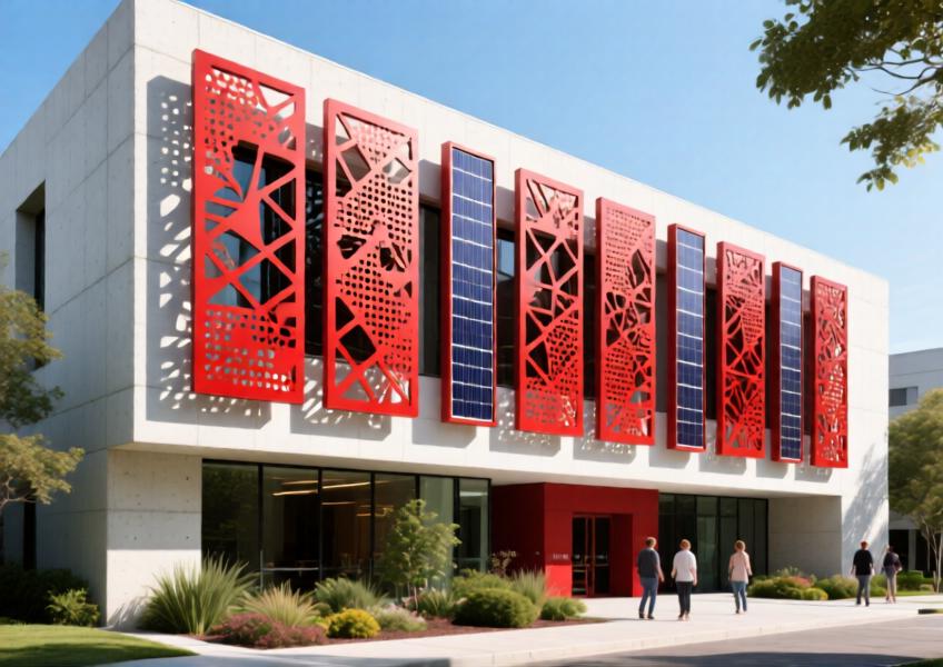 Cultural center with vibrant red perforated aluminum cladding casting artistic shadows and integrating solar elements for sustainable design.