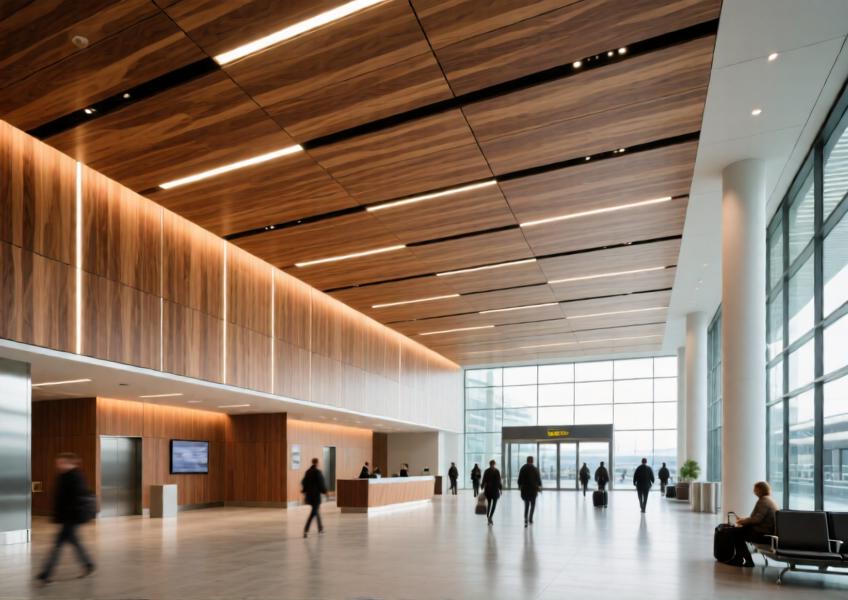 Elegant airport ceiling with walnut-finish aluminum wood cladding, combining warmth and sophistication in a spacious terminal
