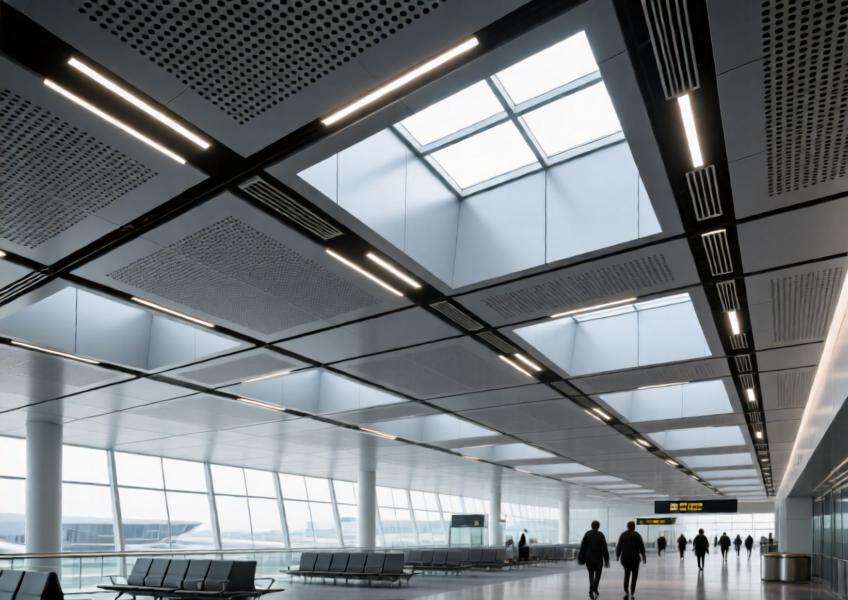 Luxury airport interior with brushed charcoal gray perforated aluminum ceiling
