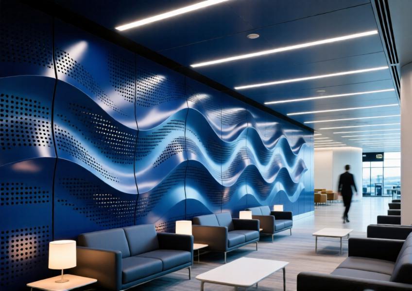 Airport lounge with navy blue perforated aluminum acoustic wall panels in a curved formation.