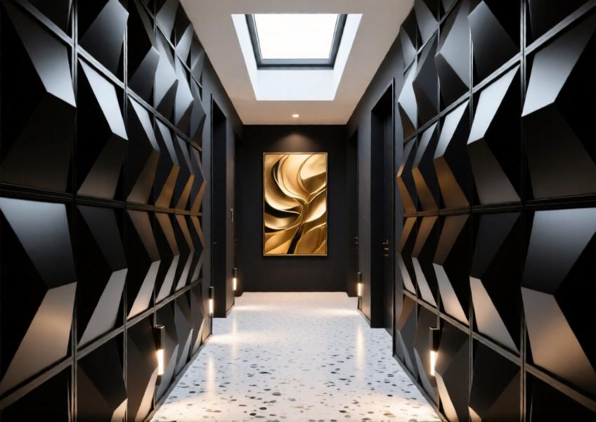 Villa hallway with matte black 3D-modular aluminum wall panels creating depth and dramatic lighting effects.