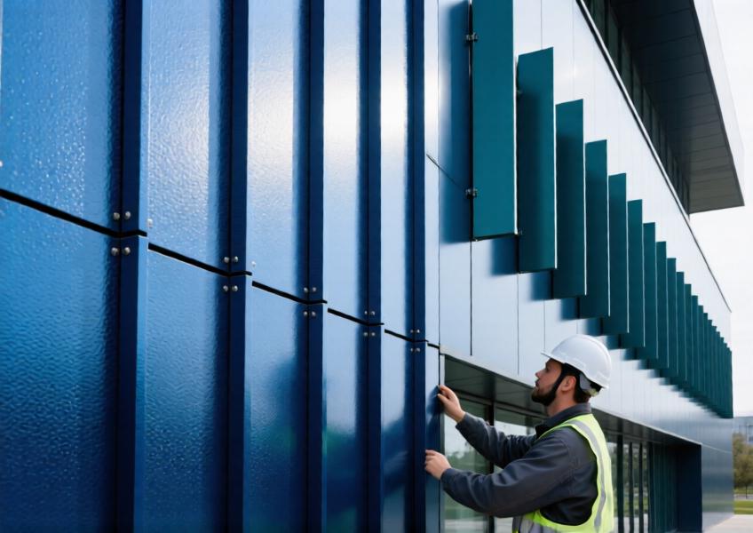 Close-up of deep blue anodized aluminum cladding with teal decorative fins on a cultural building.