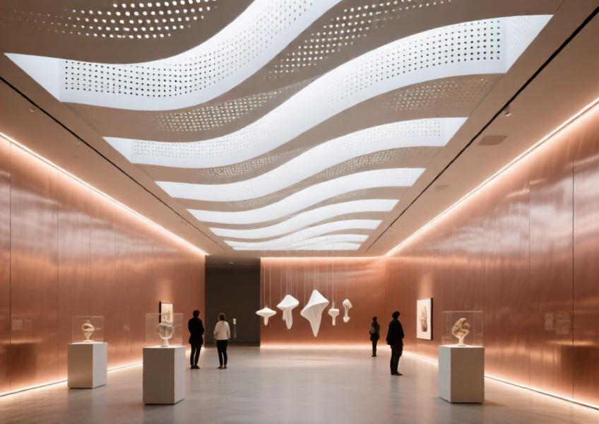 Art gallery interior with matte white perforated aluminum acoustic ceiling and pale terracotta aluminum walls under soft indirect lighting.