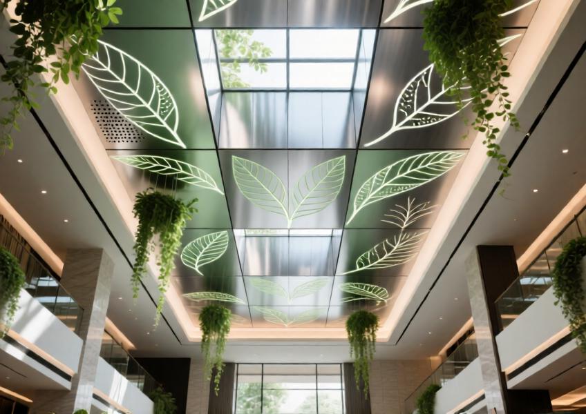 Luxury hotel atrium with a biophilic aluminum ceiling featuring organic patterns and natural lighting.