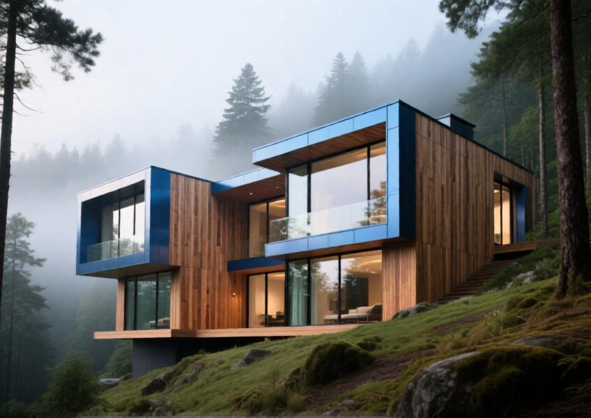 Luxury villa with wood and anodized blue aluminum facade blending into a misty forest landscape.