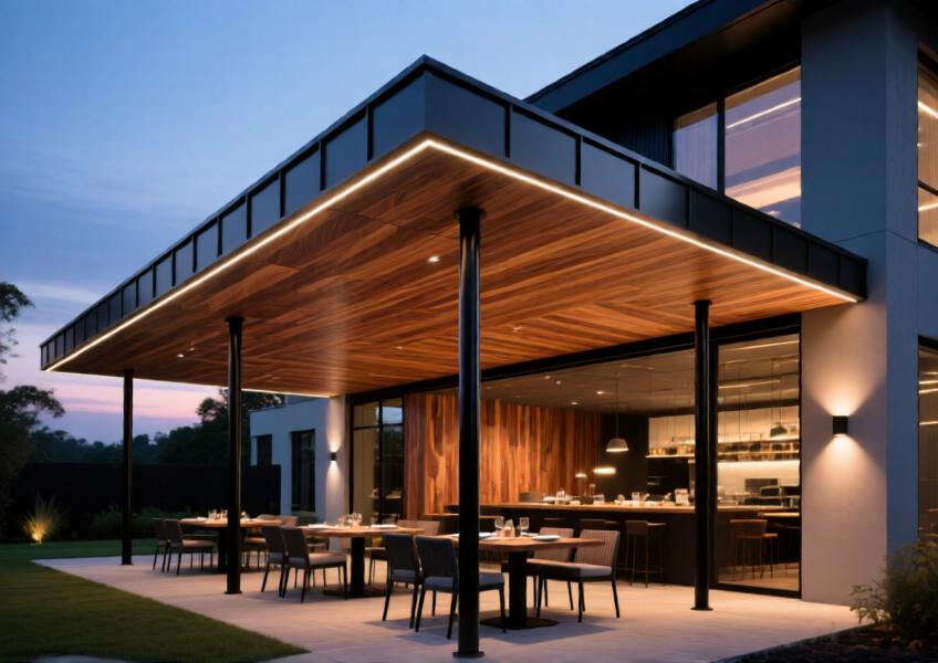 Restaurant with a continuous aluminum canopy in matte teak wood finish, unifying indoor and outdoor spaces with elegant durability.