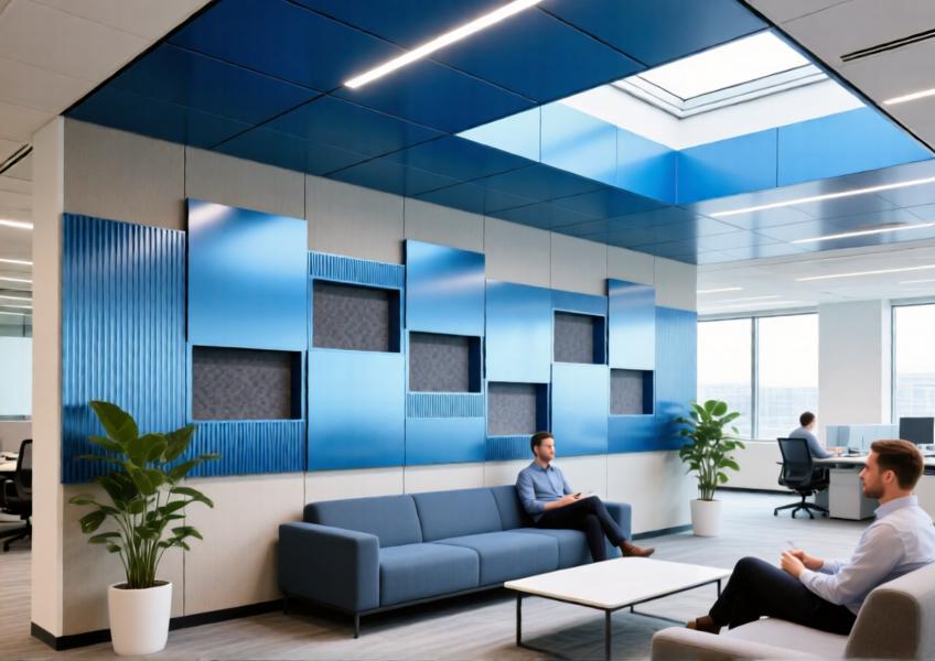 Modern office lounge with anodized blue aluminum wall and ceiling panels serving both aesthetic and acoustic functions.